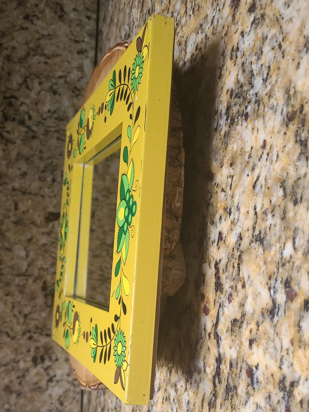Vintage Yellow Floral Framed Mirror with Green Accents